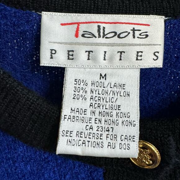 Talbots VGT 80's Wool Blend Royal Blue Black Gold Button Sweater Cardigan PM - Picture 10 of 10